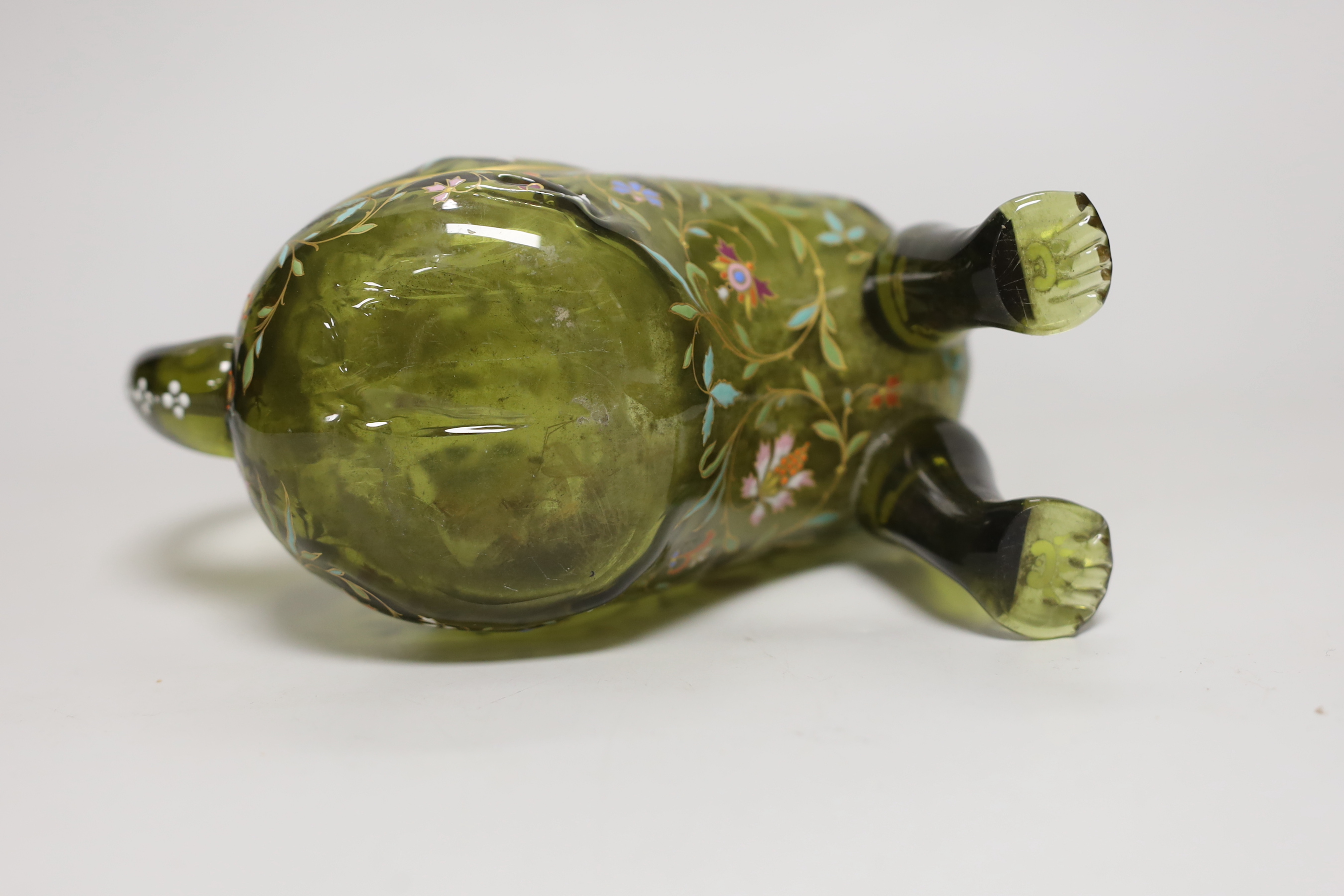 A Moser type zoomorphic enamelled glass jug in the form of a seated cat, 18cm high